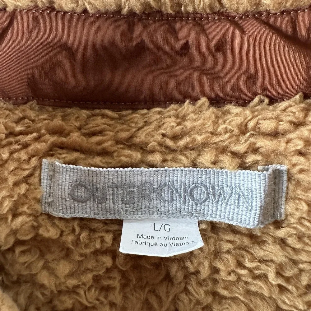 Outerknown Skyline Sherpa Fleece Shirt Jacket Mens L Brown Snap Front Shacket
